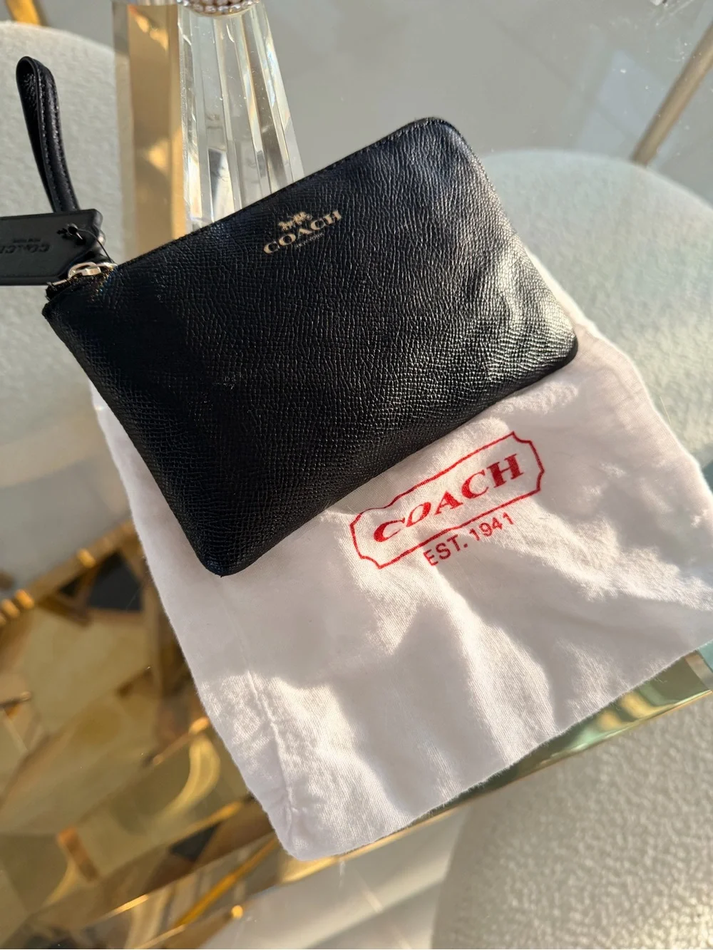 Coach Black Leather Zip Wristlet with Gold Logo